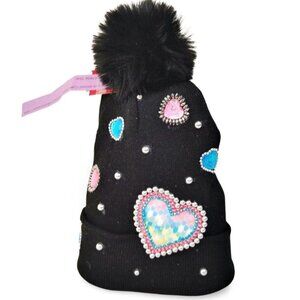 Custom Knit Black & Silver Multi Color Heart Crystal Embellished Beanie TT1524